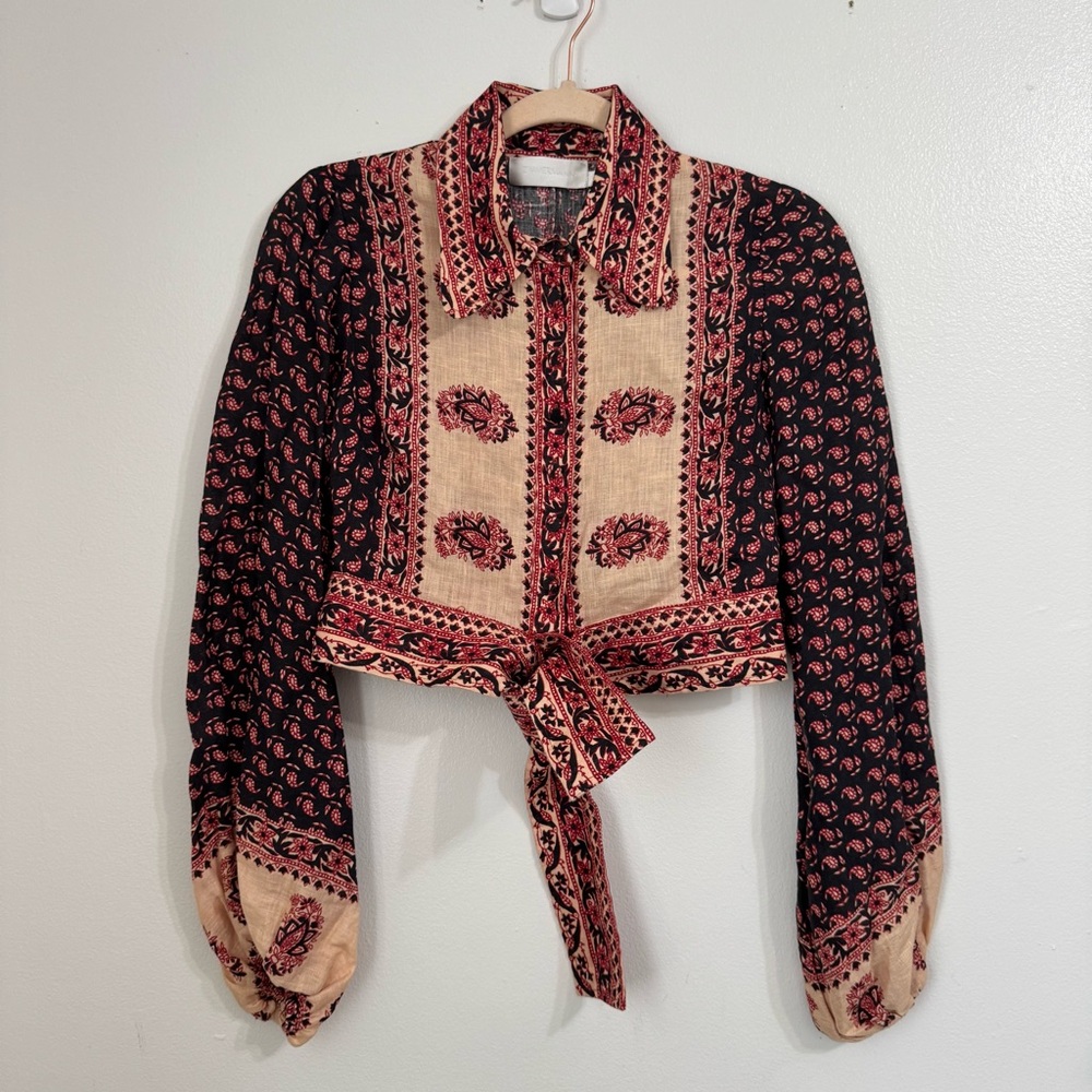 Zimmermann Jaya Linen Printed Tie-Front Button-Down Long Sleeve Top